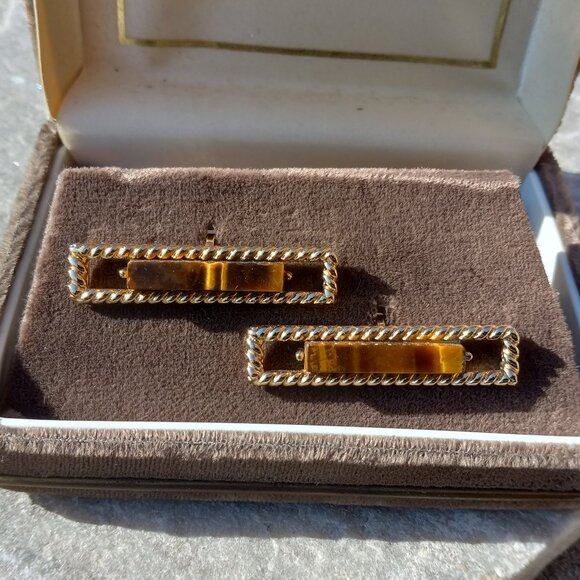 Swank Grand Prix TIGERS EYE Cufflinks Rectangular Gold Bars Original Vel… - Picture 5 of 15